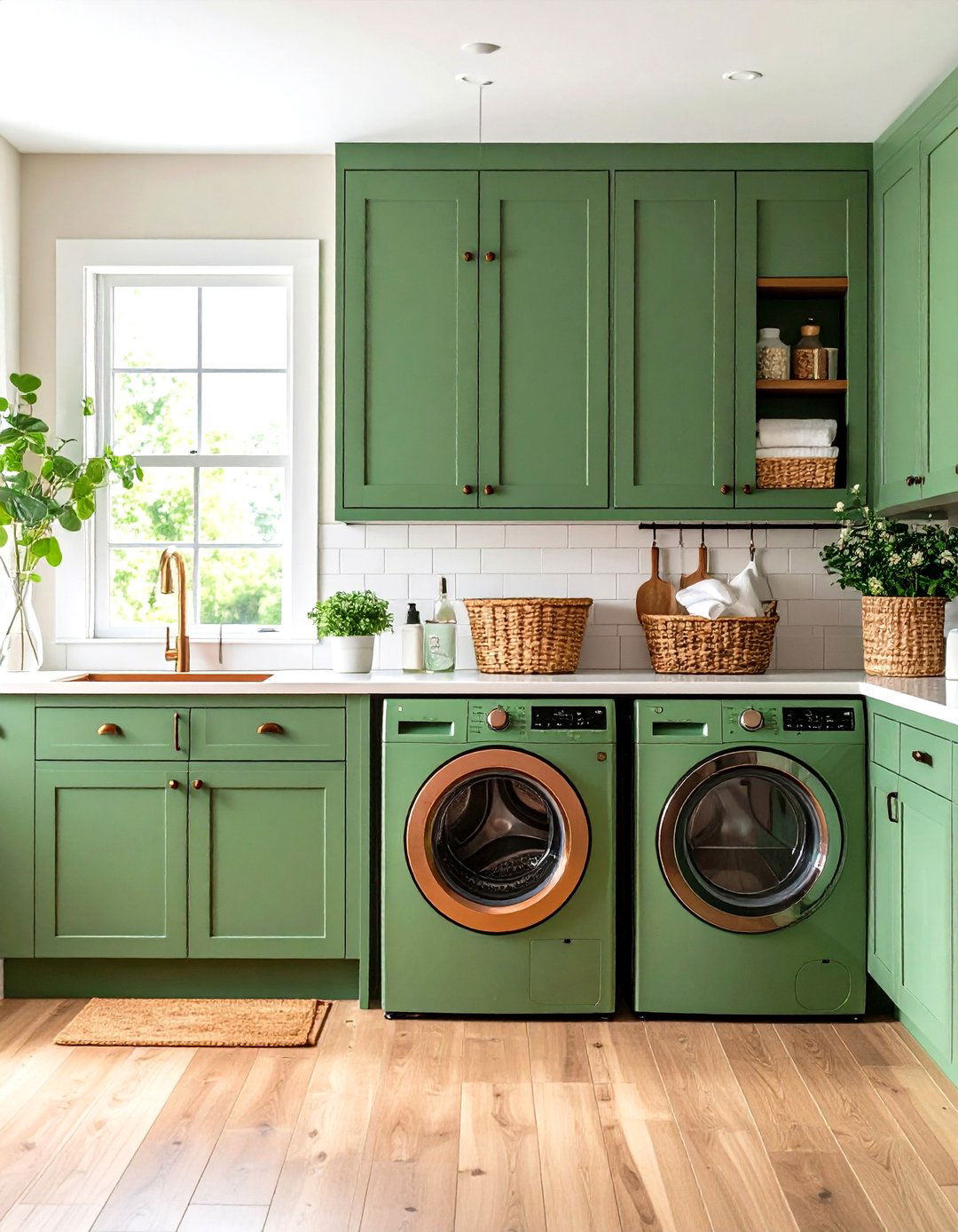 Green Laundry Room with Copper Utility Fixtures - 24 Green and Copper Kitchen Ideas