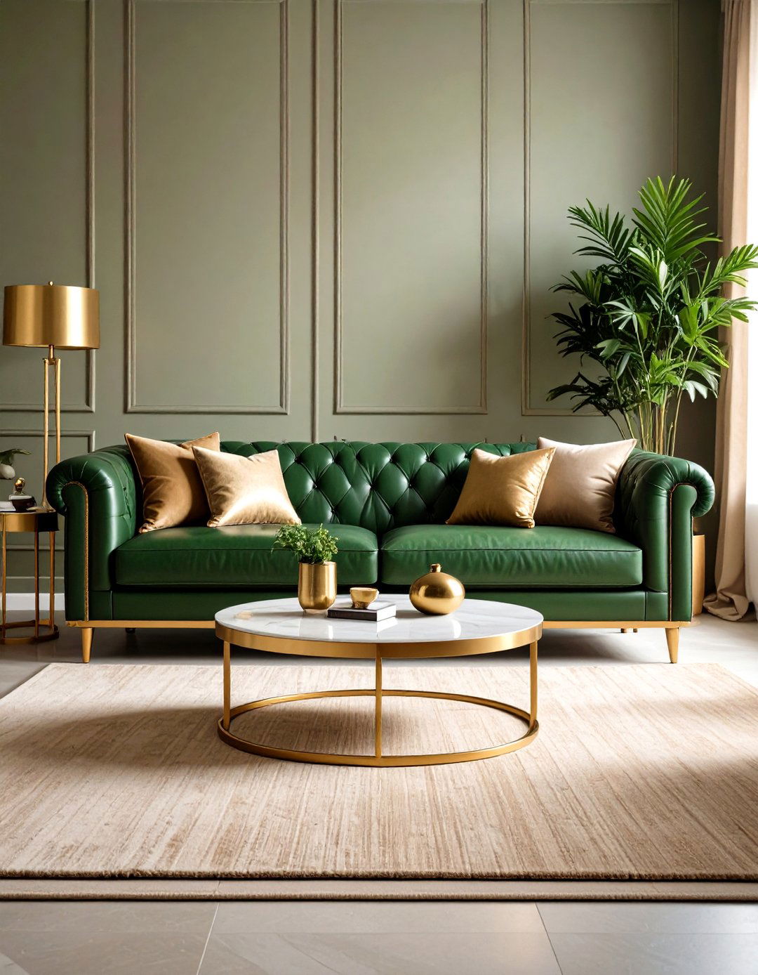Green Leather Sofa with Brass Coffee Table - 24 Green and Gold Living Room Ideas