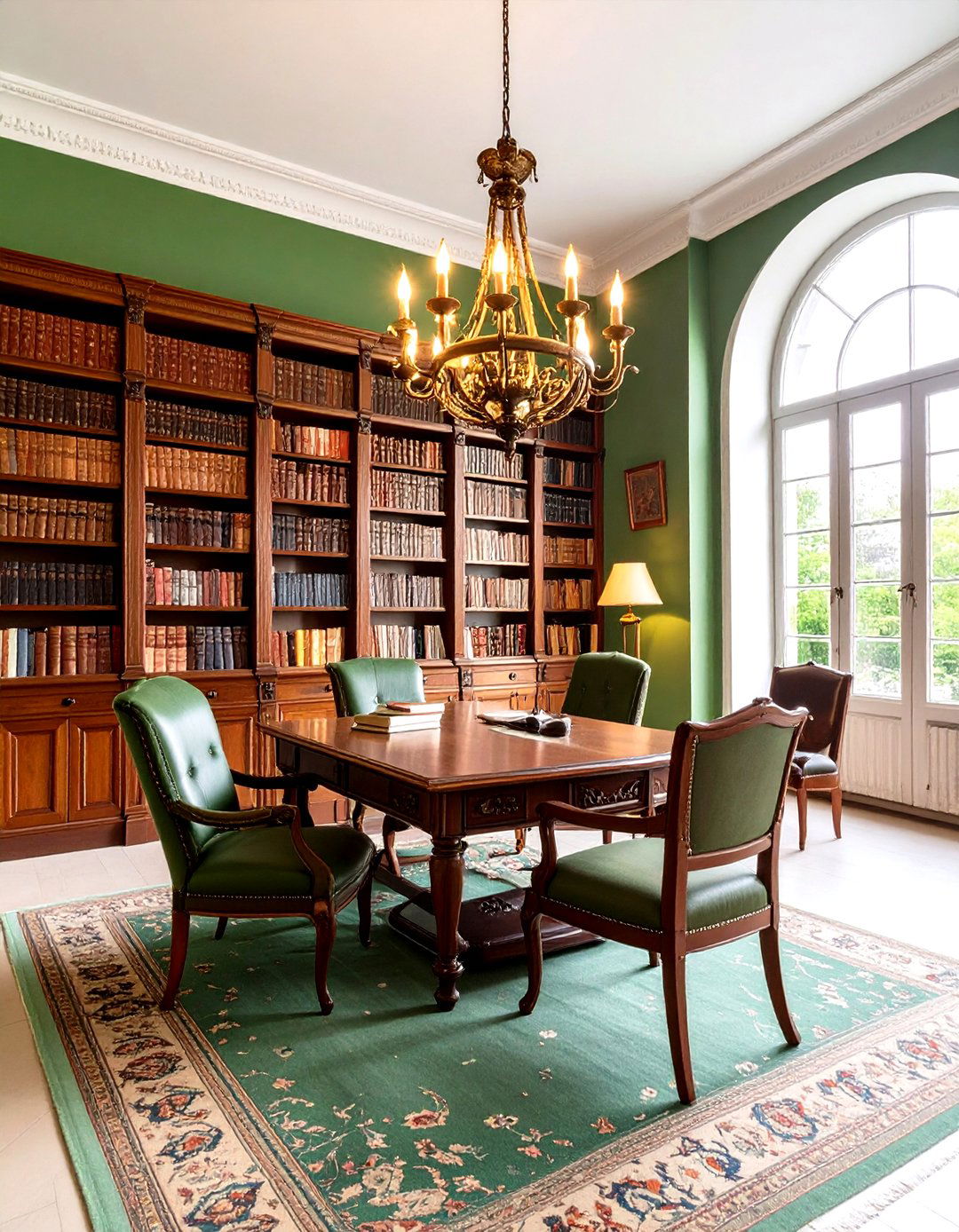 Green Library with Carefully Selected Antique Furniture - 24 Dark Green Home Library Ideas and Inspiration