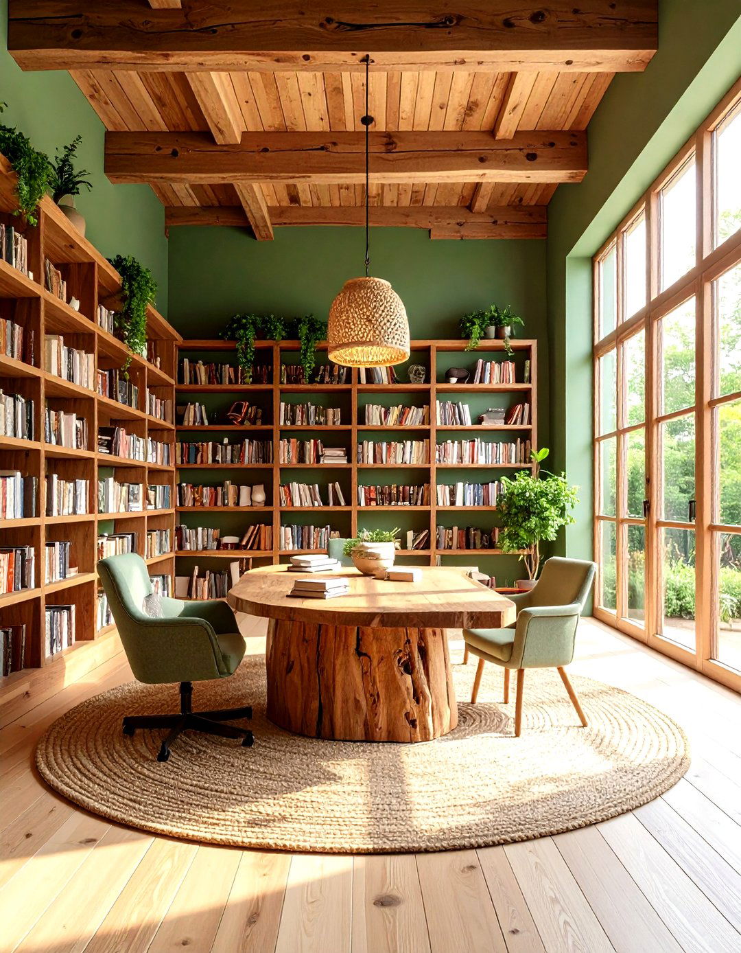 Green Library with Natural Wood and Organic Elements - 24 Dark Green Home Library Ideas and Inspiration