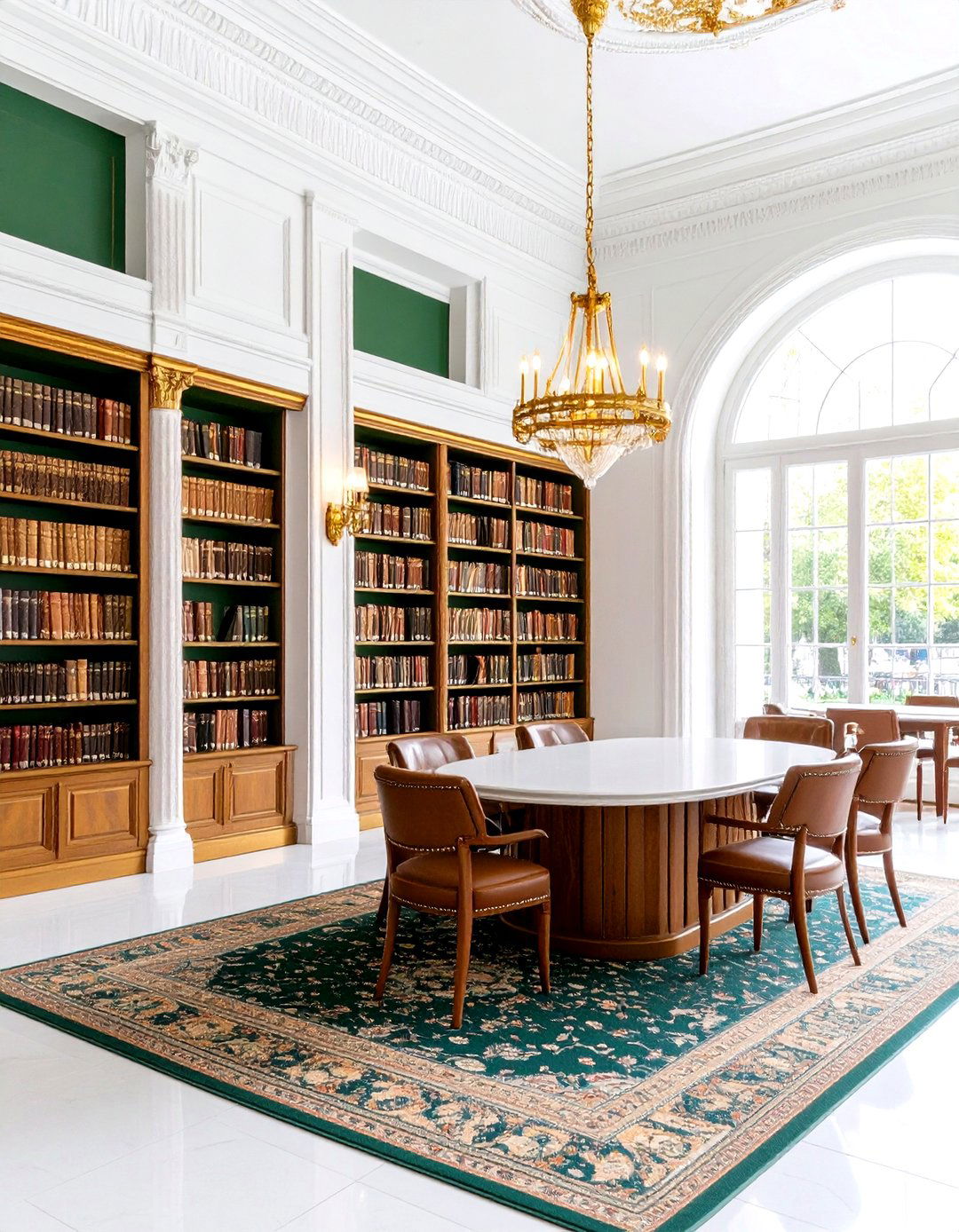 Green Library with Warm Gold Accent Details - 24 Dark Green Home Library Ideas and Inspiration