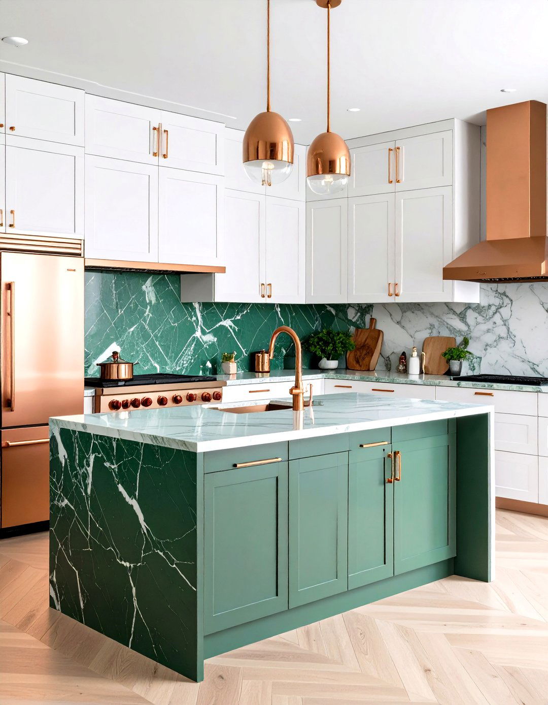 Green Marble Countertops with Copper Appliances - 24 Green and Copper Kitchen Ideas