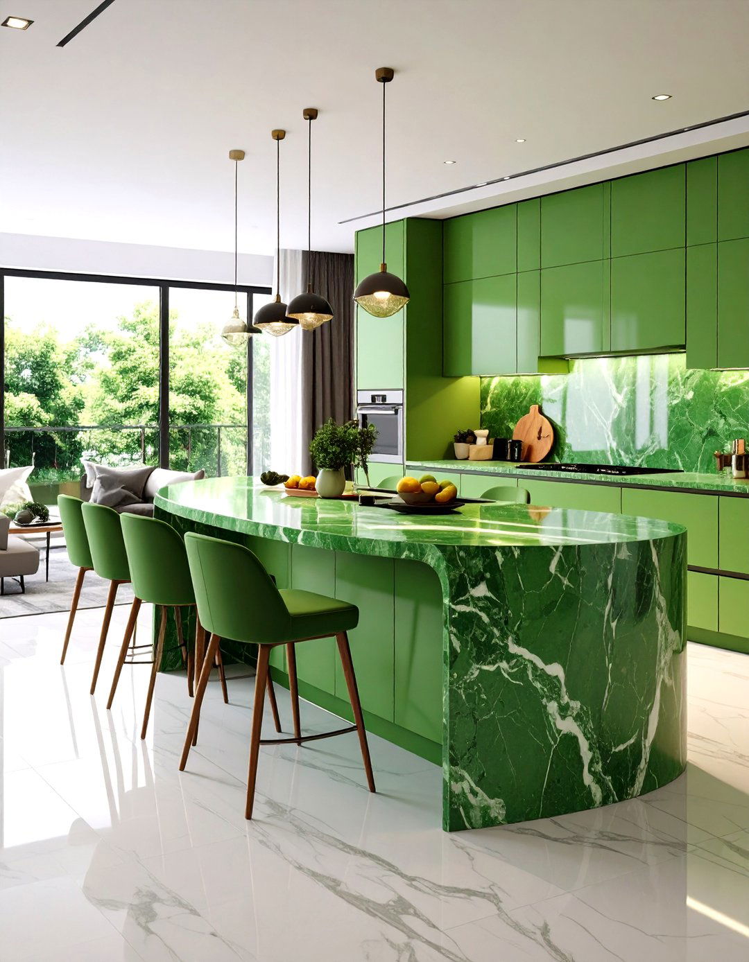 Green Marble Curved Peninsula Configuration - 24 Green Marble Countertop Design Ideas