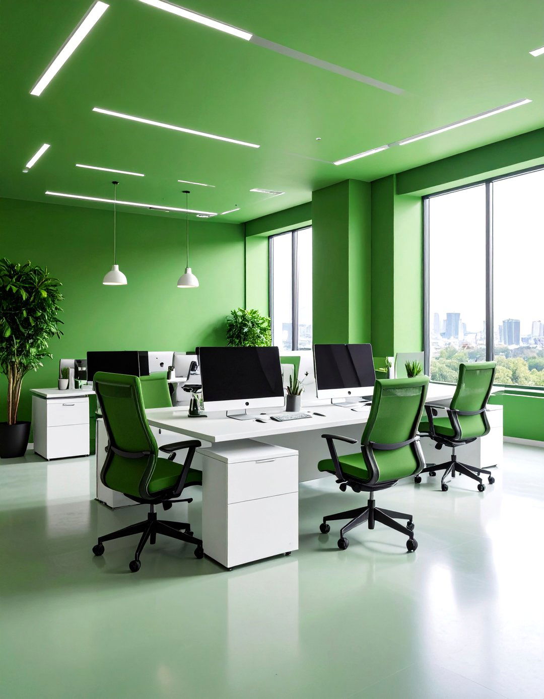 Green Monochromatic Office Design - 24 Dark Green Office Ideas and Inspiration
