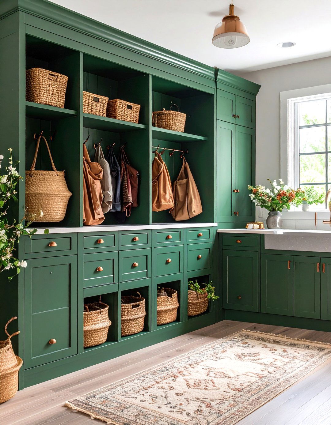 Green Mudroom with Copper Hooks and Storage - 24 Green and Copper Kitchen Ideas