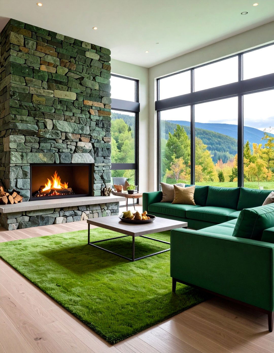 Green Natural Stone Stacked Design - 24 Green Fireplace Ideas