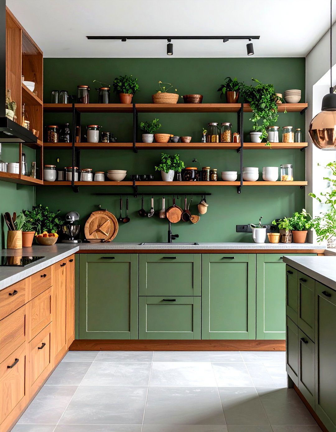 Green Open Shelving with Brown Base Cabinets - 24 Green and Brown Kitchen Ideas
