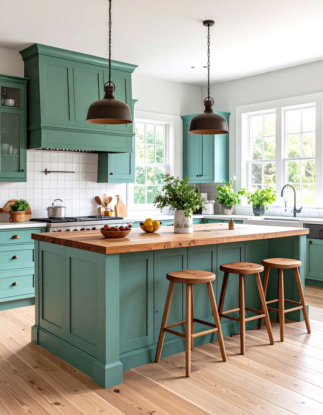 Green Painted Island with Brown Butcher Block Top - 24 Green and Brown Kitchen Ideas