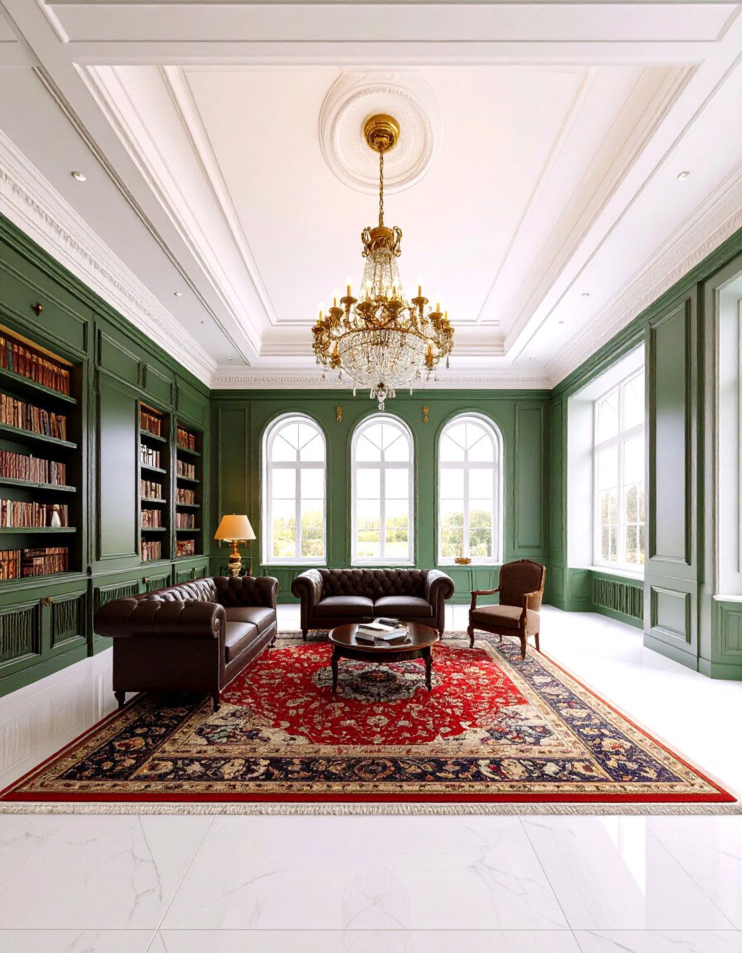 Green Paneled Traditional Library with Classic Details - 24 Dark Green Home Library Ideas and Inspiration