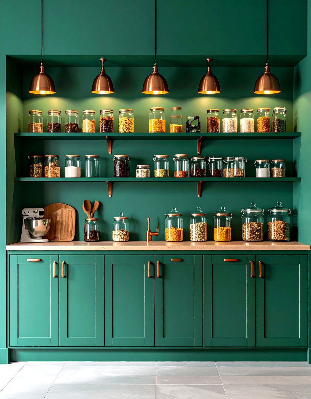 Green Pantry with Copper Hardware and Fixtures - 24 Green and Copper Kitchen Ideas