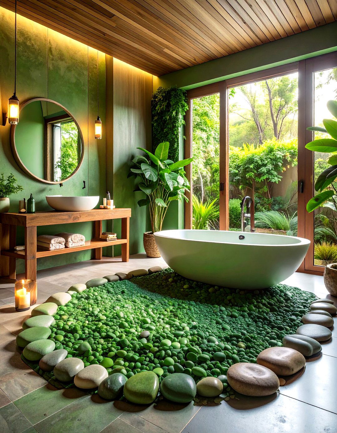 Green Pebble Spa Sanctuary - 24 Pebble Tile Bathroom Ideas