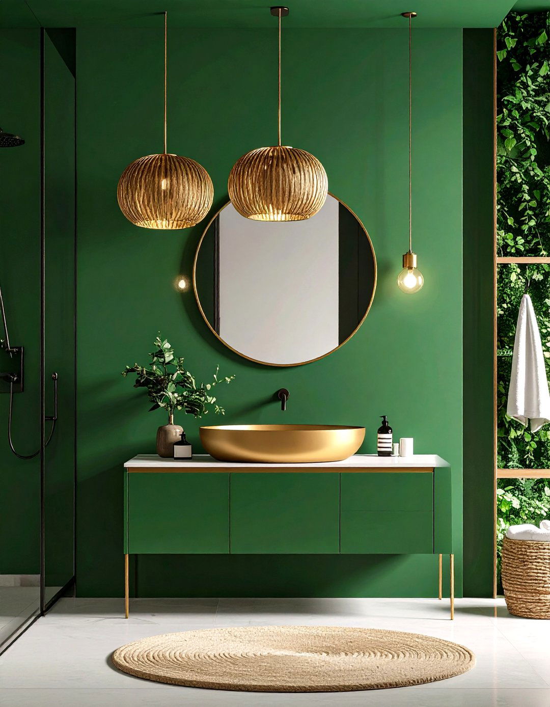 Green Powder Room with Pendant Light - 24 Green Powder Room Ideas