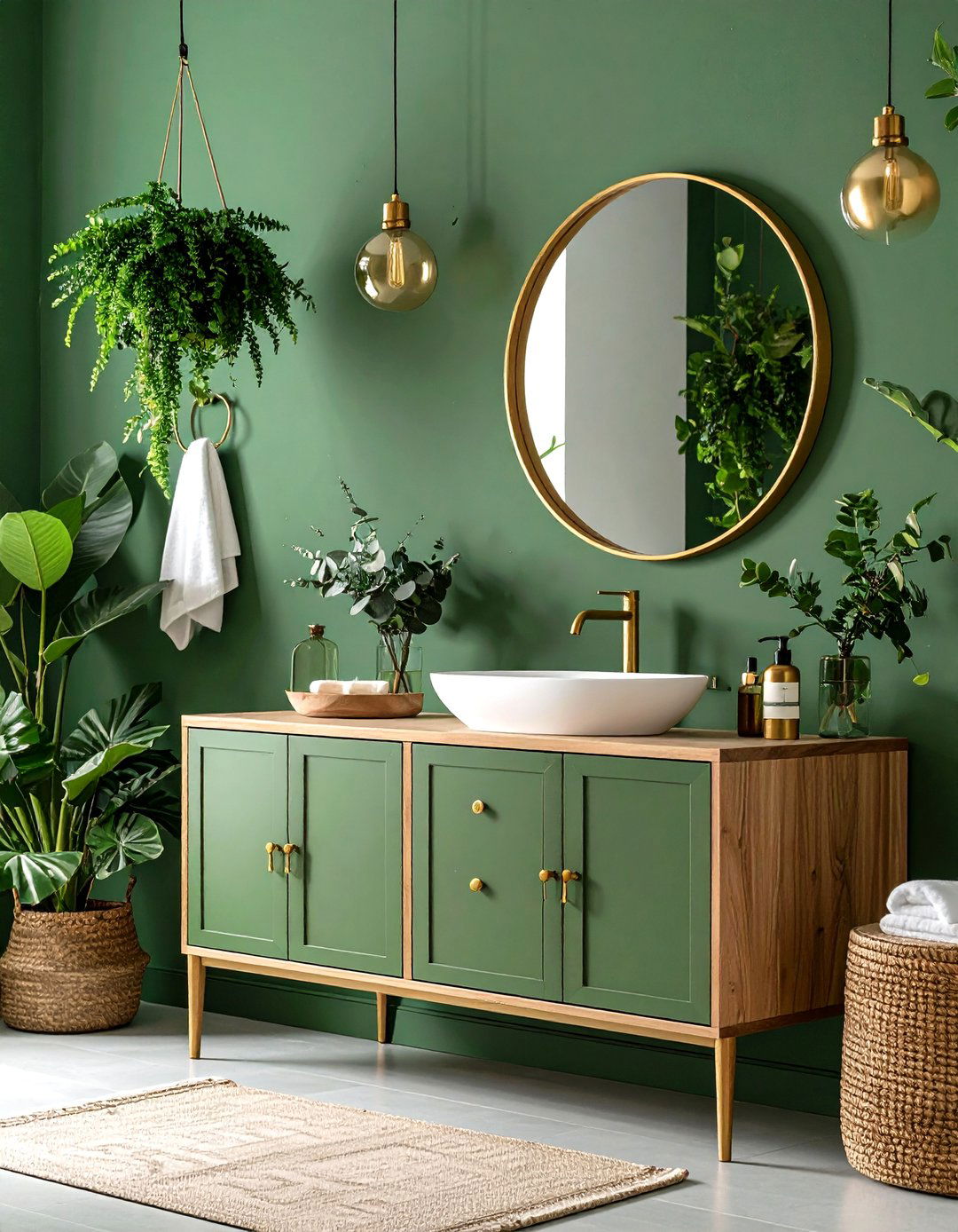 Green Powder Room with Wood Vanity