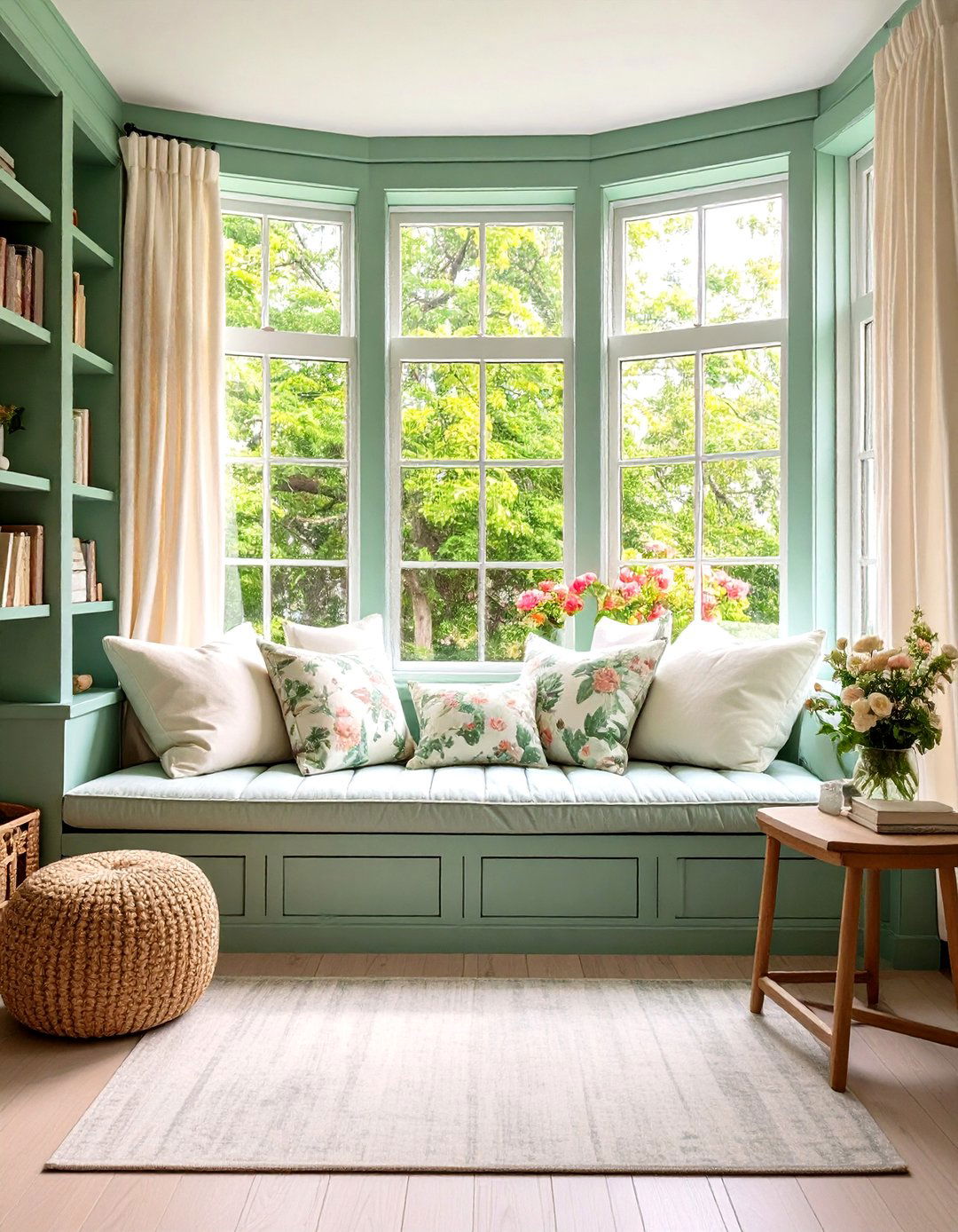 Green Reading Nook with Cushioned Window Seat - 24 Dark Green Home Library Ideas and Inspiration
