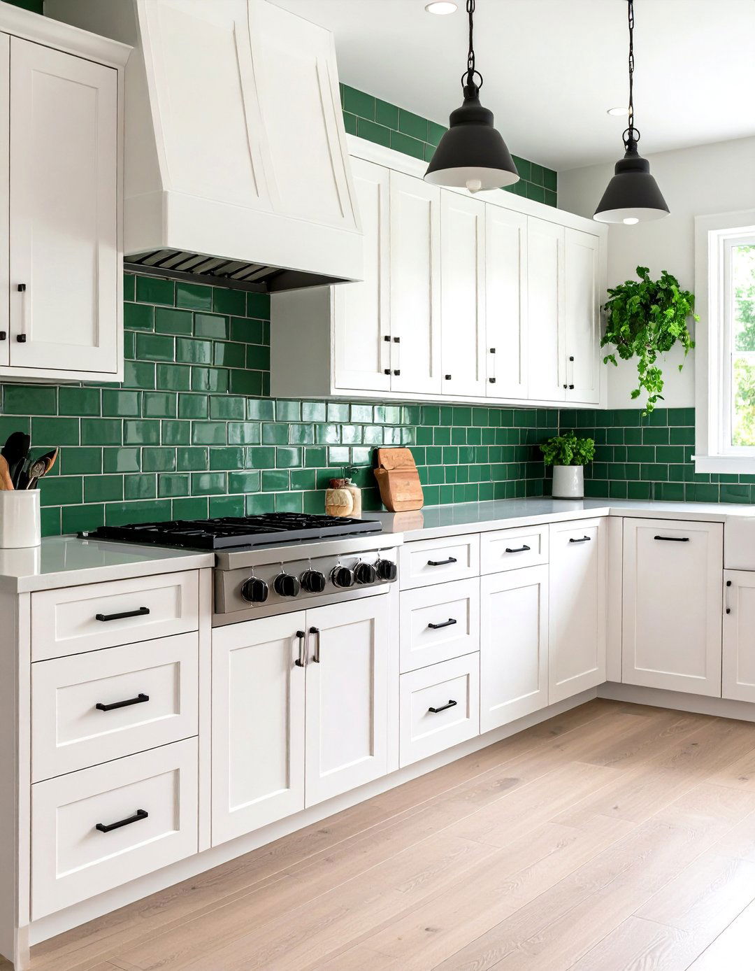 Green Subway Tile Backsplash with Black Cabinet Hardware - 24 Black and Green Kitchen Ideas