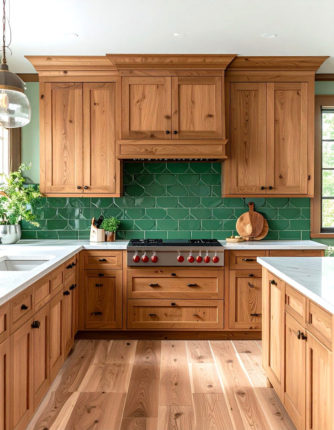 Green Subway Tile with Medium Brown Wood Cabinets - 24 Green and Brown Kitchen Ideas