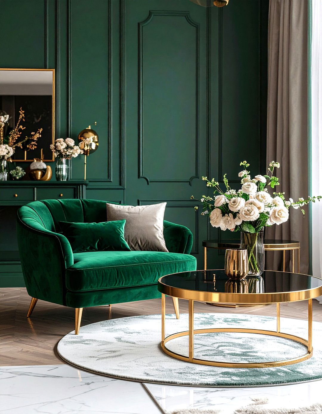 Green Velvet Armchair with Gold Coffee Table - 24 Green and Gold Living Room Ideas