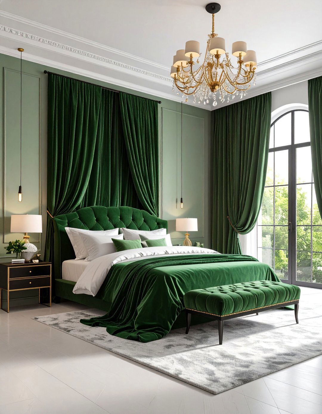 Green Velvet Curtains with Black Hardware - 24 Black and Green Bedroom Design Ideas
