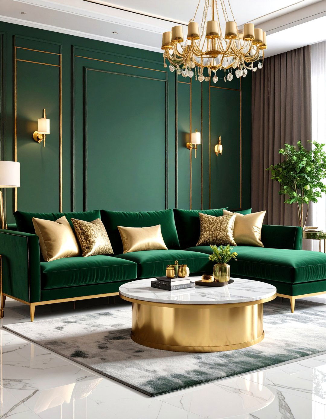Green Velvet Sectional with Gold Trim Details - 24 Green and Gold Living Room Ideas