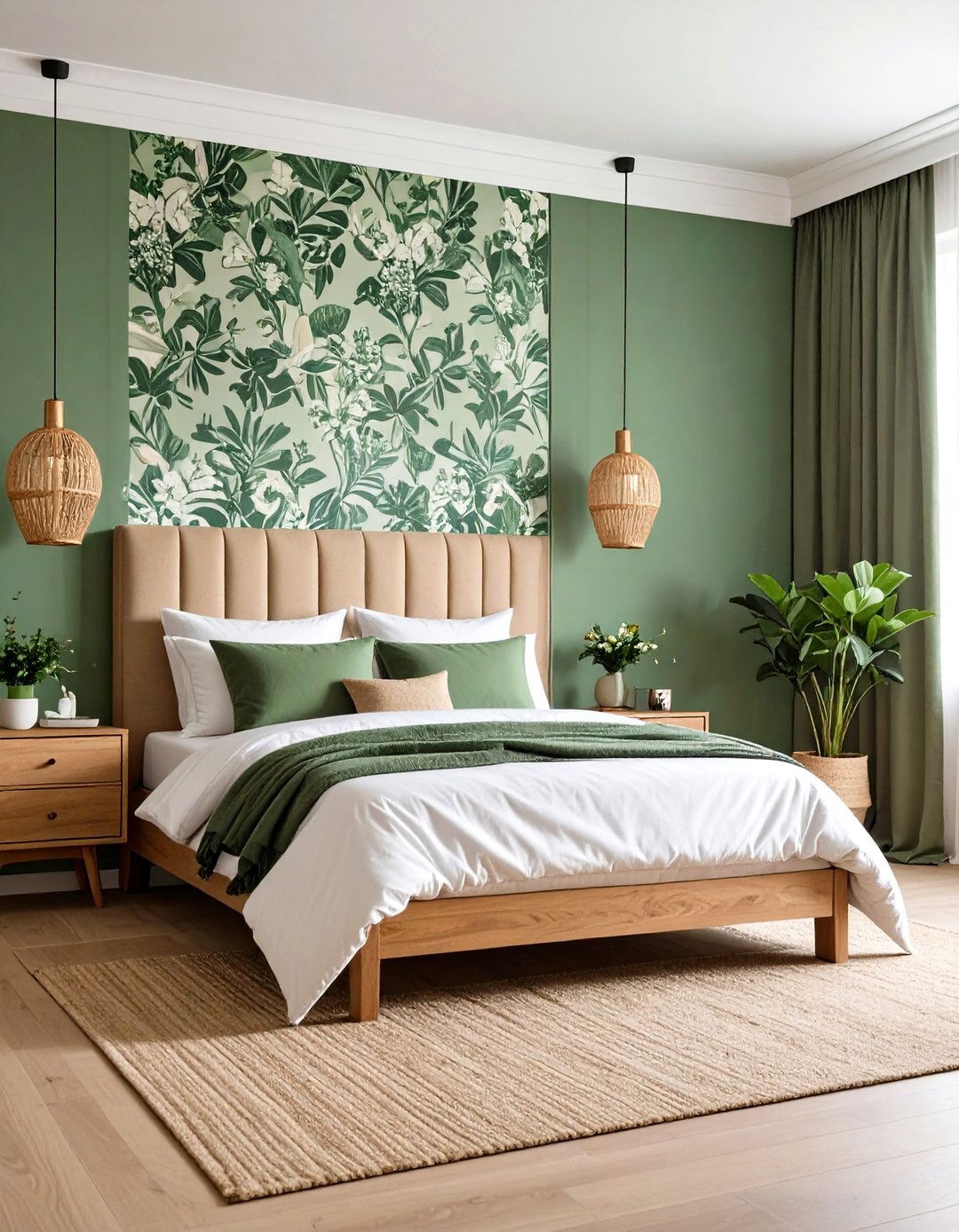 Green Wallpaper Feature Wall - 24 Green Bedroom Ideas