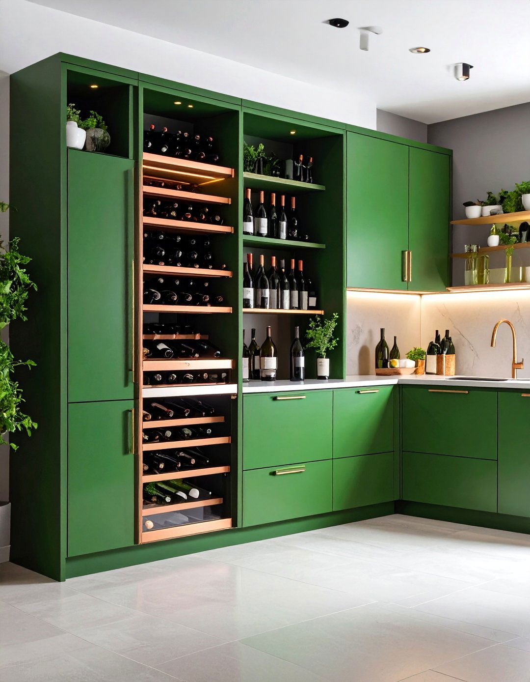 Green Wine Storage with Copper Rack Details - 24 Green and Copper Kitchen Ideas