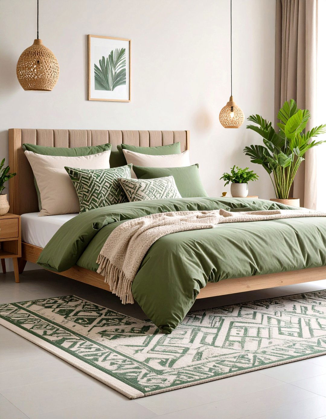 Green and Beige Geometric Patterns - 24 Green and Beige Bedroom Ideas