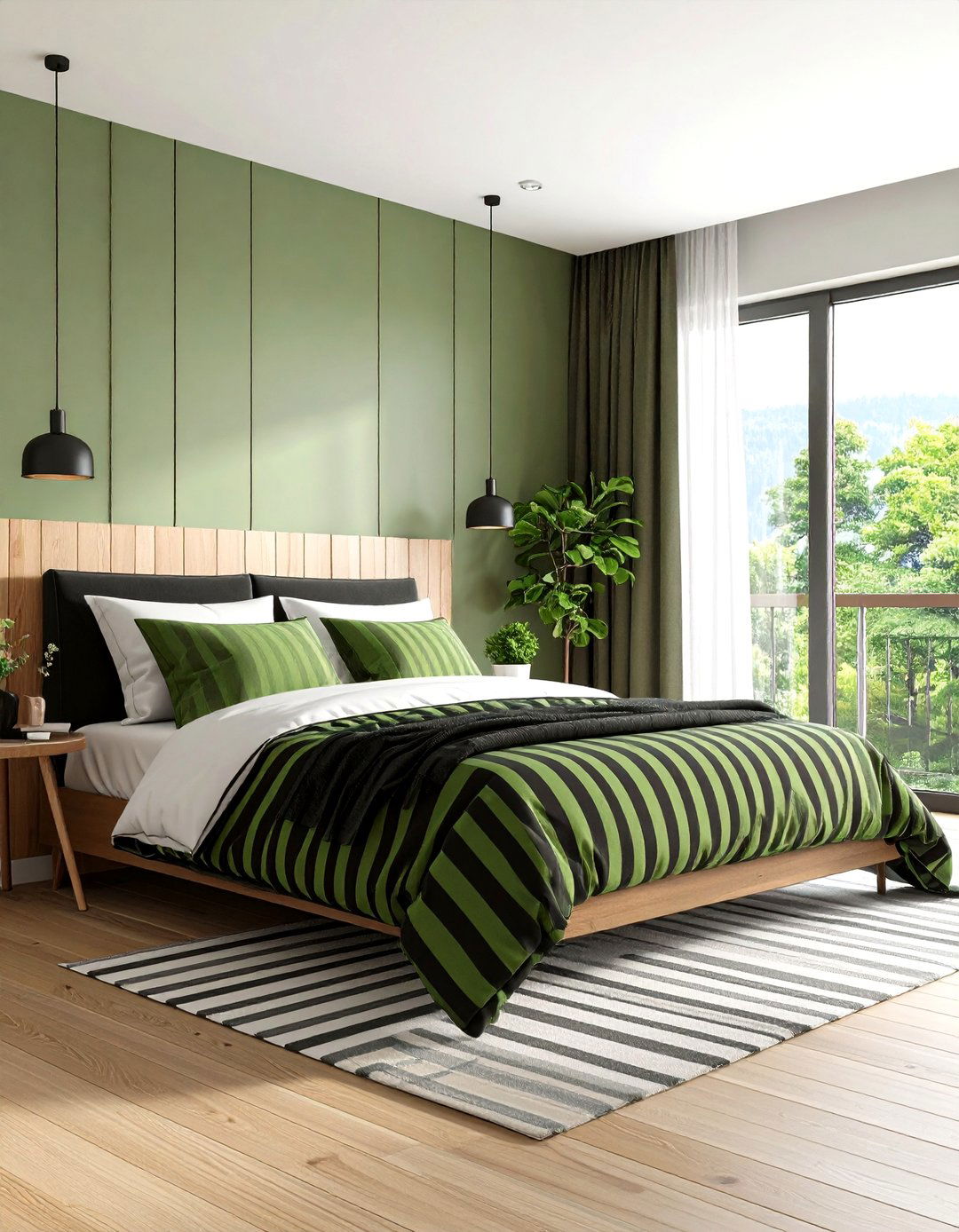 Green and Black Striped Bedding Design - 24 Black and Green Bedroom Design Ideas