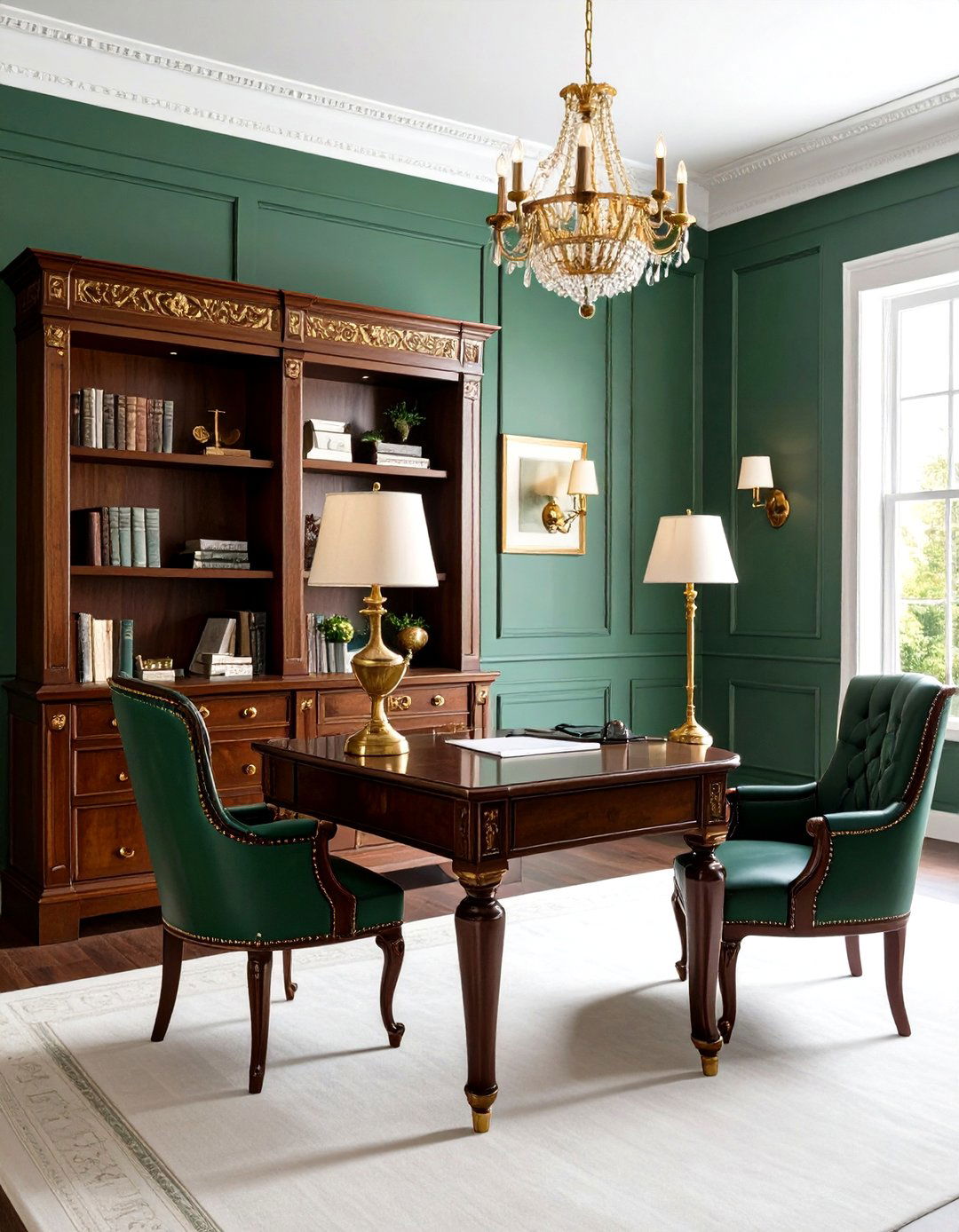 Green and Brass Vintage Study with Antique Desk - 24 Dark Green Home Library Ideas and Inspiration