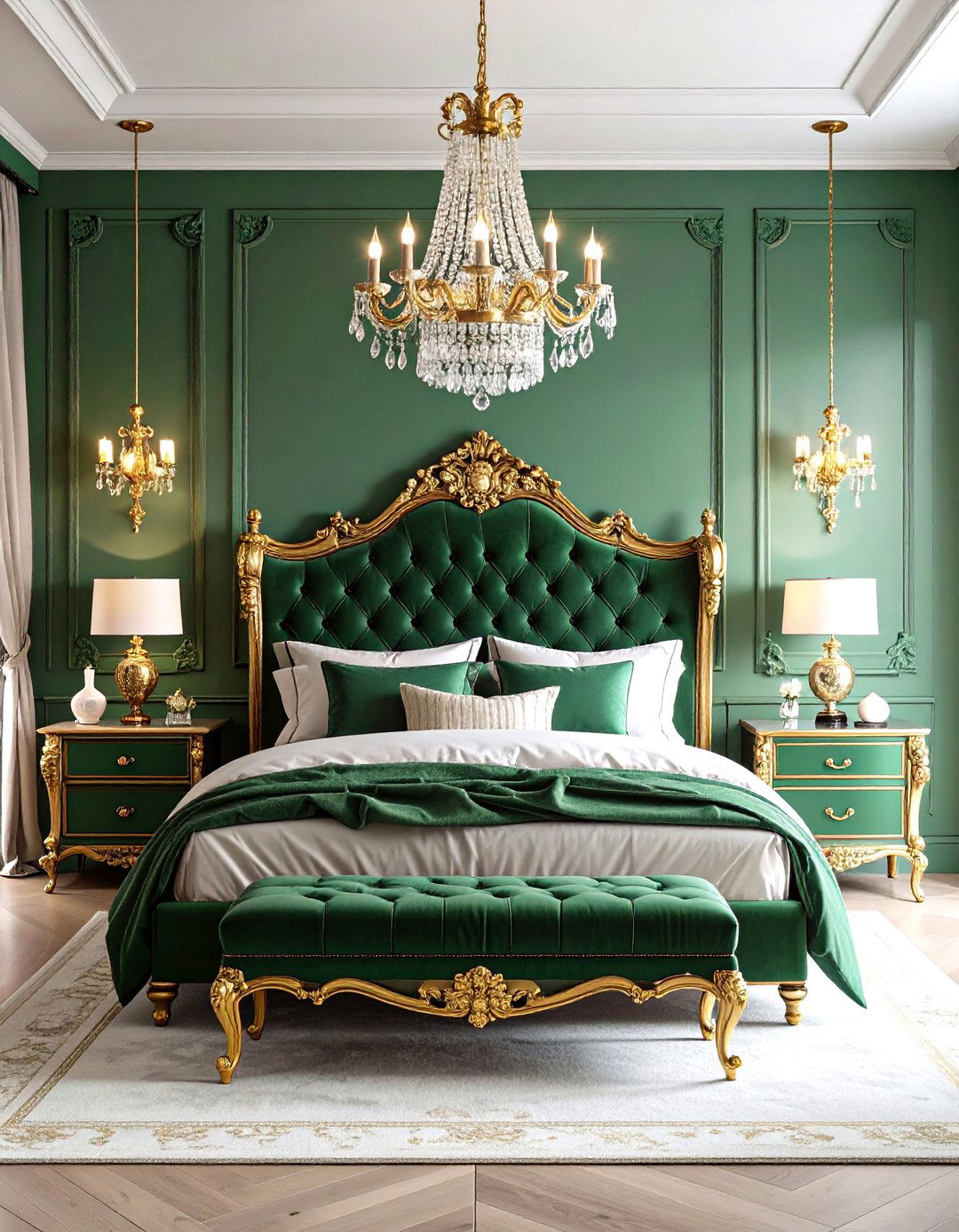 Green and Gold Maximalist Bedroom with Vintage Glamour - 24 Dark Green Bedroom Ideas