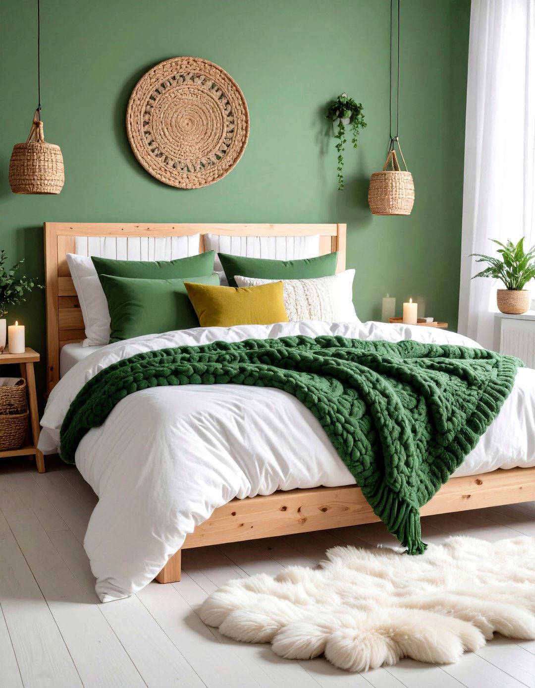 Green and White Scandinavian Bedroom with Hygge Elements - 24 Dark Green Bedroom Ideas