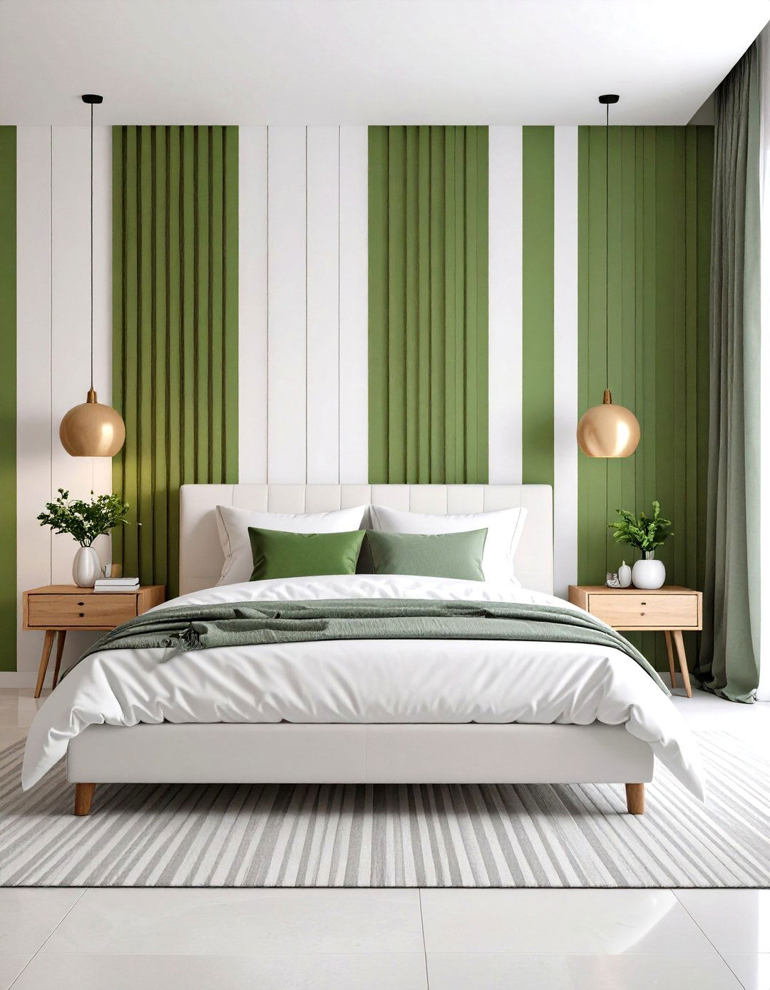 Green and White Striped Accent Wall - 24 Green and White Bedroom Ideas