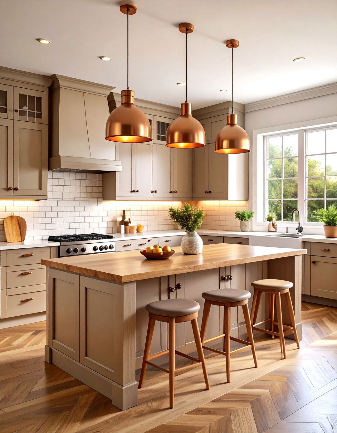 Greige Cabinets with Subway Tile and Copper Accents - 24 Farmhouse Kitchen With Gray Cabinets Ideas