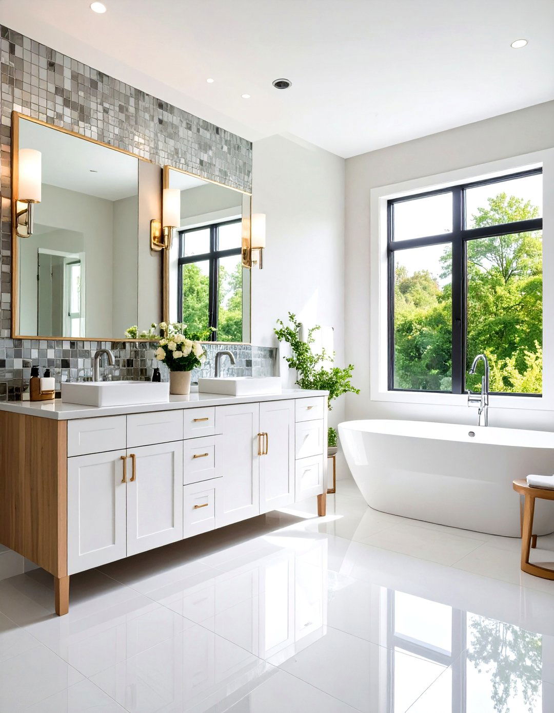 Grey Glass Mosaic with White Vanity Cabinet - 24 Grey and White Bathroom Ideas