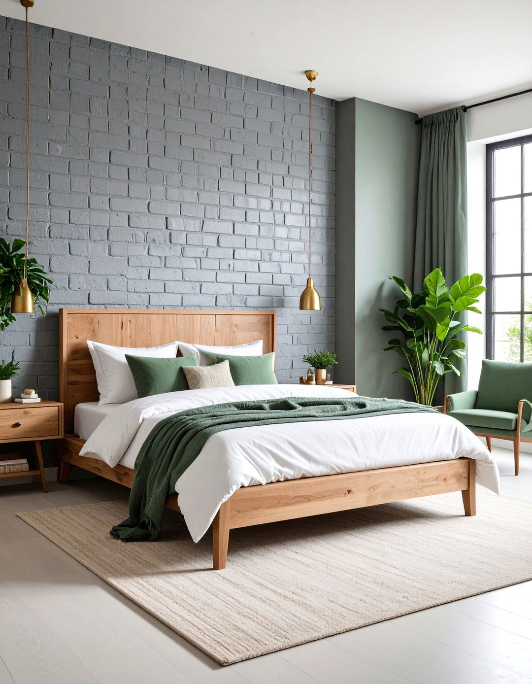 Grey Painted Brick Wall with Sage Green Accessories - 24 Sage Green and Grey Bedroom Ideas