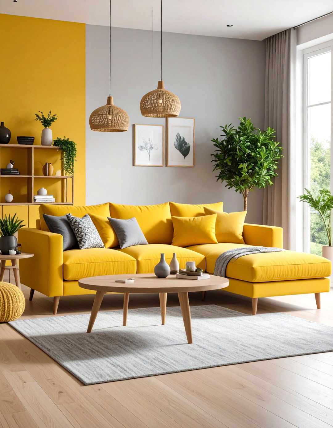 Grey Sectional with Yellow Chaise Extension - 24 Grey and Yellow Living Room Ideas