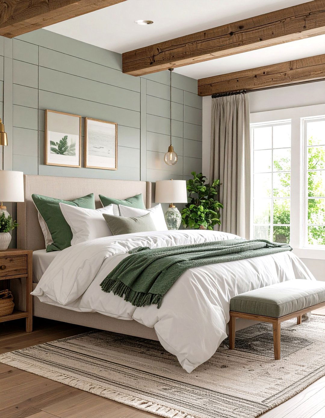Grey Shiplap with Sage Green Textiles - 24 Sage Green and Grey Bedroom Ideas