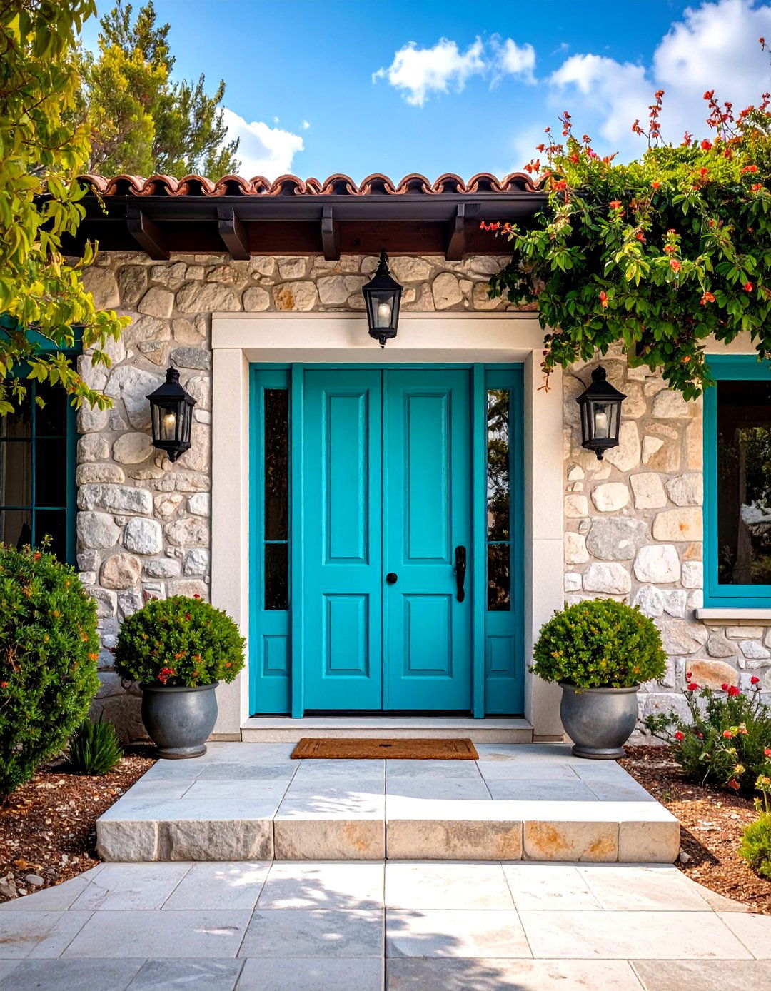 Grey Stone Veneer with Turquoise Mediterranean Flair - 24 Grey House With Blue Door Ideas