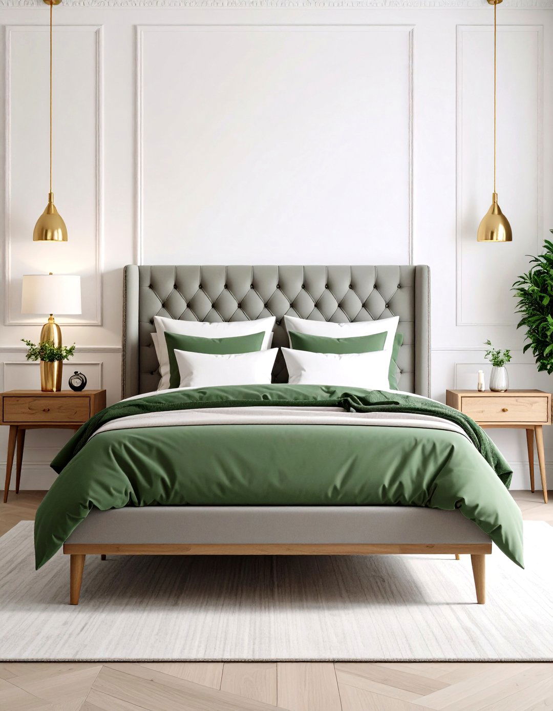 Grey Tufted Headboard with Sage Green Accent Pieces - 24 Sage Green and Grey Bedroom Ideas