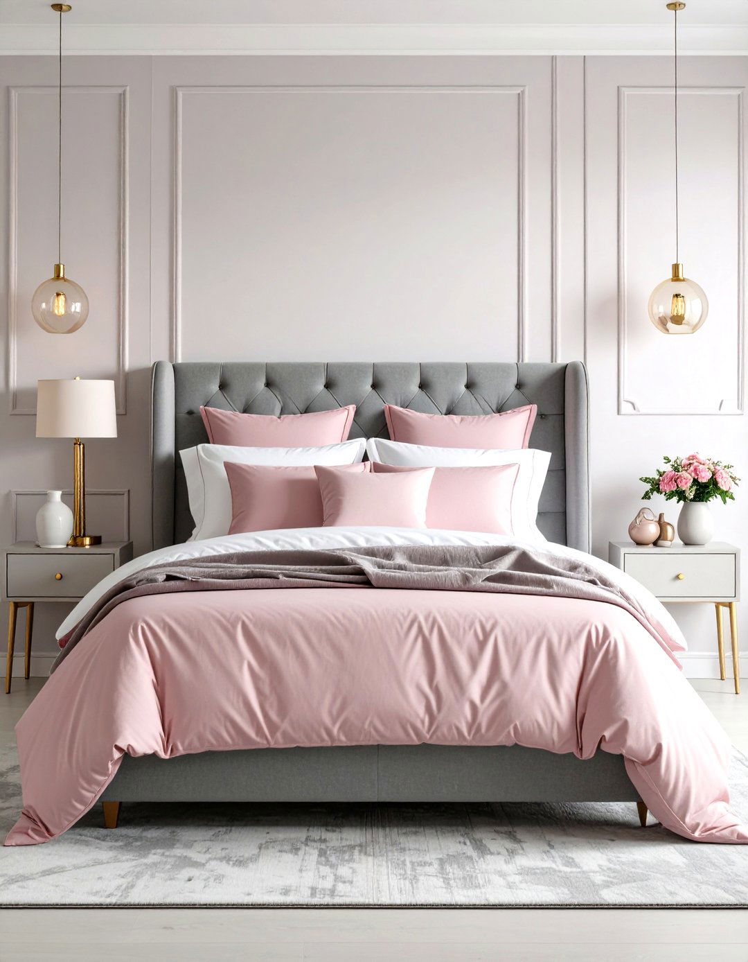 Grey Upholstered Headboard with Pink Bedding - 24 Pink and Grey Bedroom Ideas