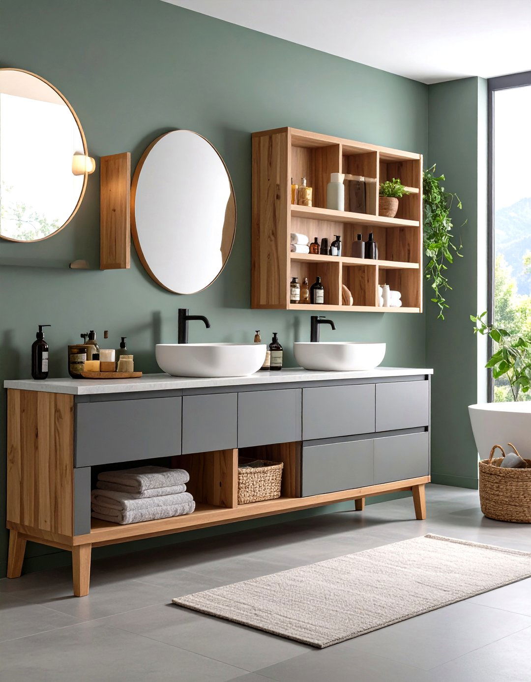 Grey Vanity with Open Shelving - 24 Grey Bathroom Vanity Design Ideas