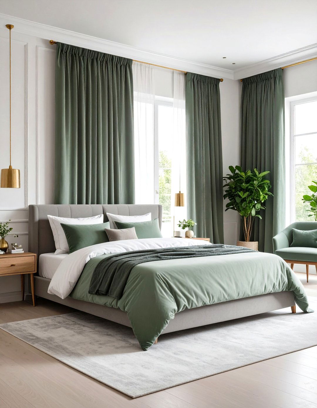 Grey Velvet Curtains with Sage Green Painted Trim - 24 Sage Green and Grey Bedroom Ideas