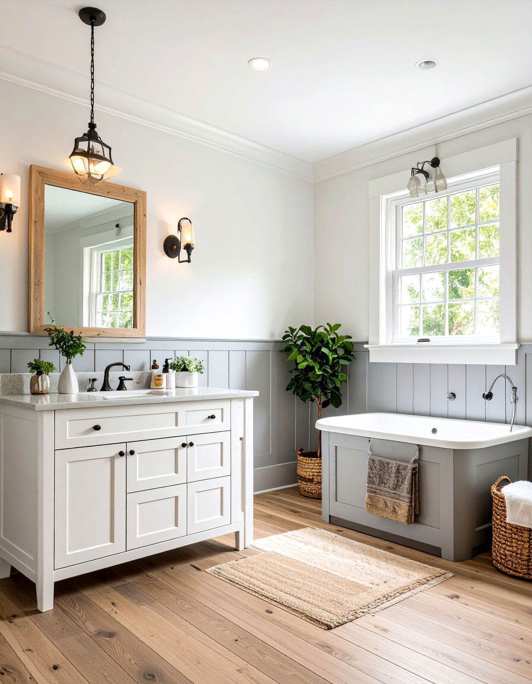 Grey Wainscoting with White Upper Walls - 24 Grey and White Bathroom Ideas