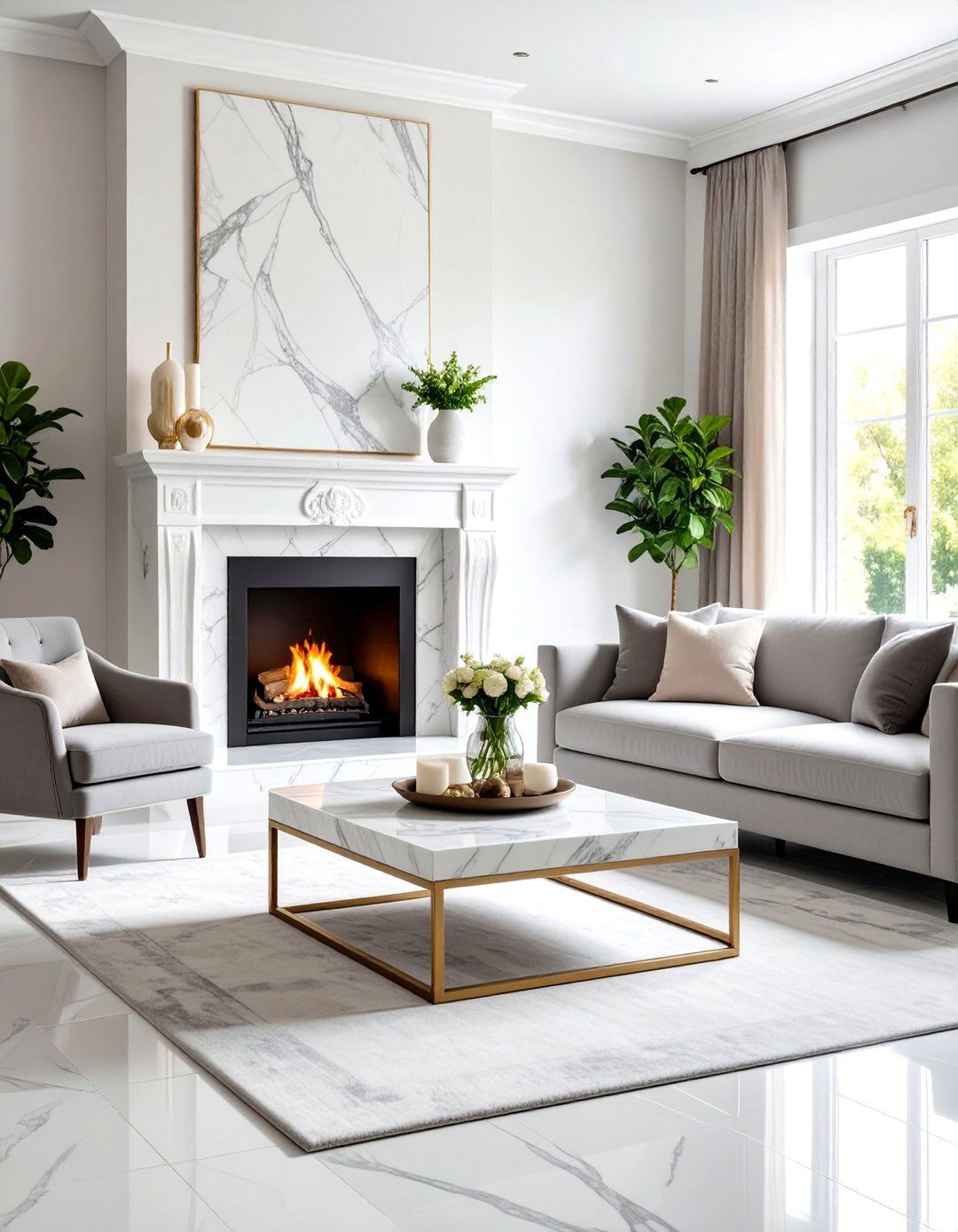 Grey and White Marble Features - 24 Grey and White Living Room Ideas
