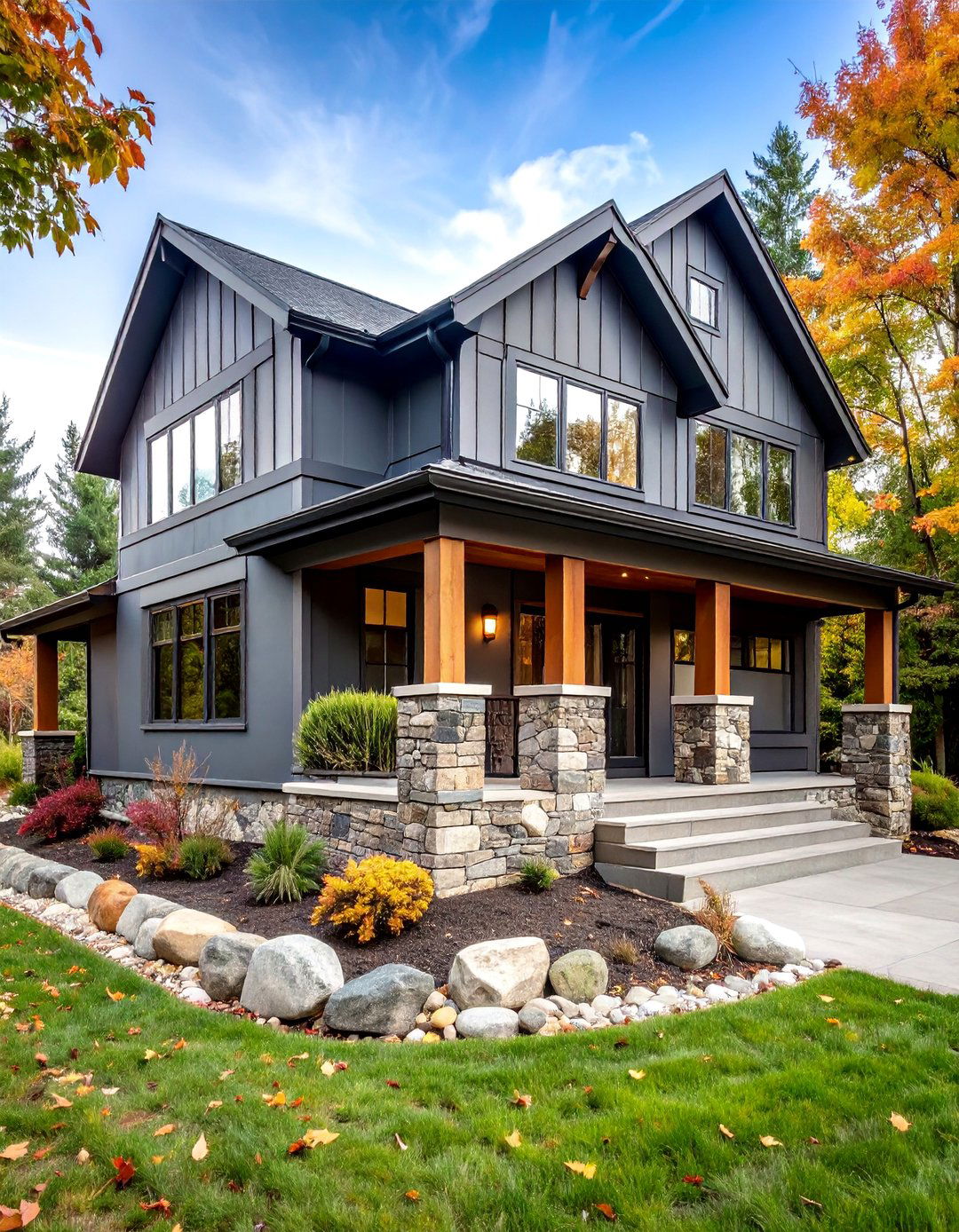 Gunmetal Grey with Natural Fieldstone Base - 24 Dark Grey House Exterior Ideas