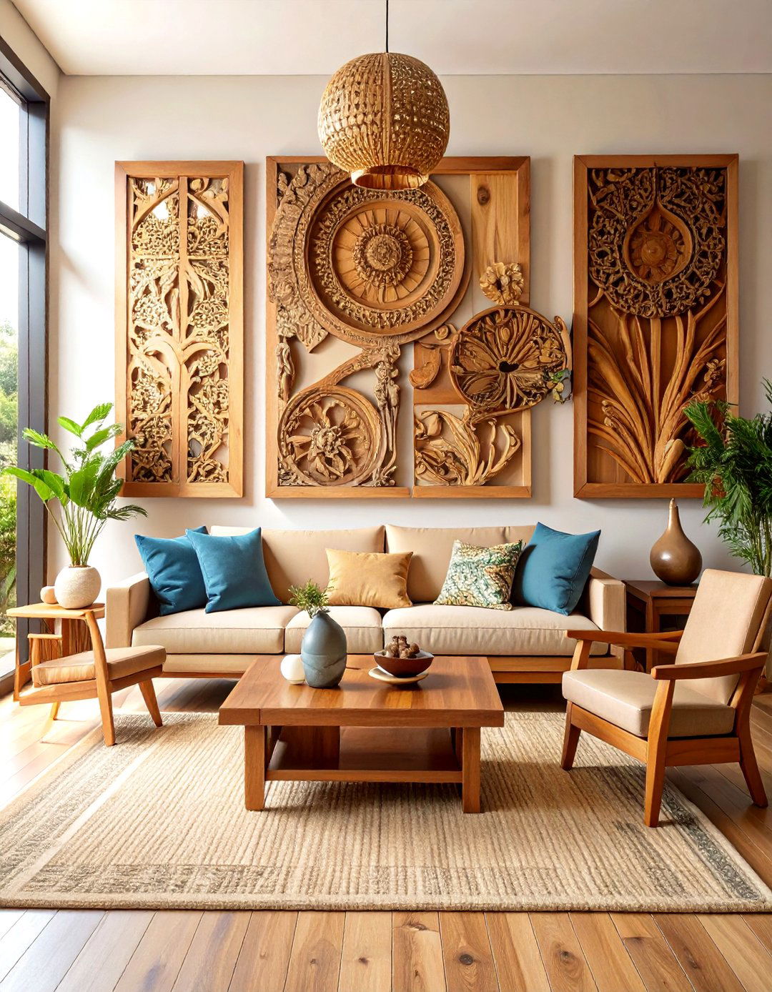 Handcrafted Wooden Art Living Room Display - 24 Earthy Living Room Decor Ideas