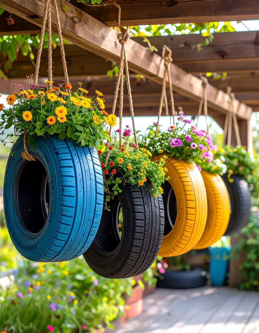 Hanging Basket Gardens - 24 Recycled Tyre Garden Art Ideas