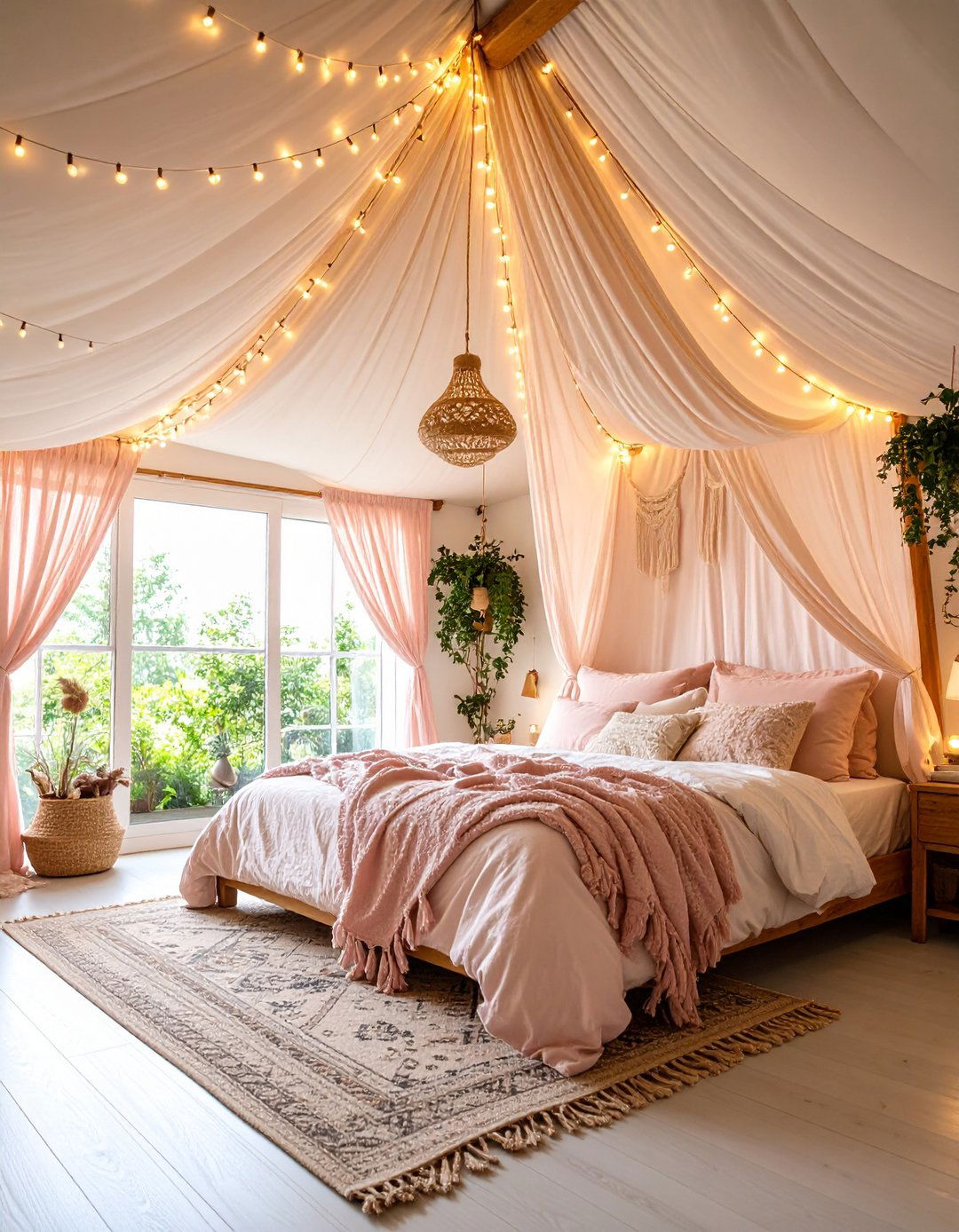 Hanging Fabric Canopy with String Lights - 24 Pink Boho Bedroom Ideas