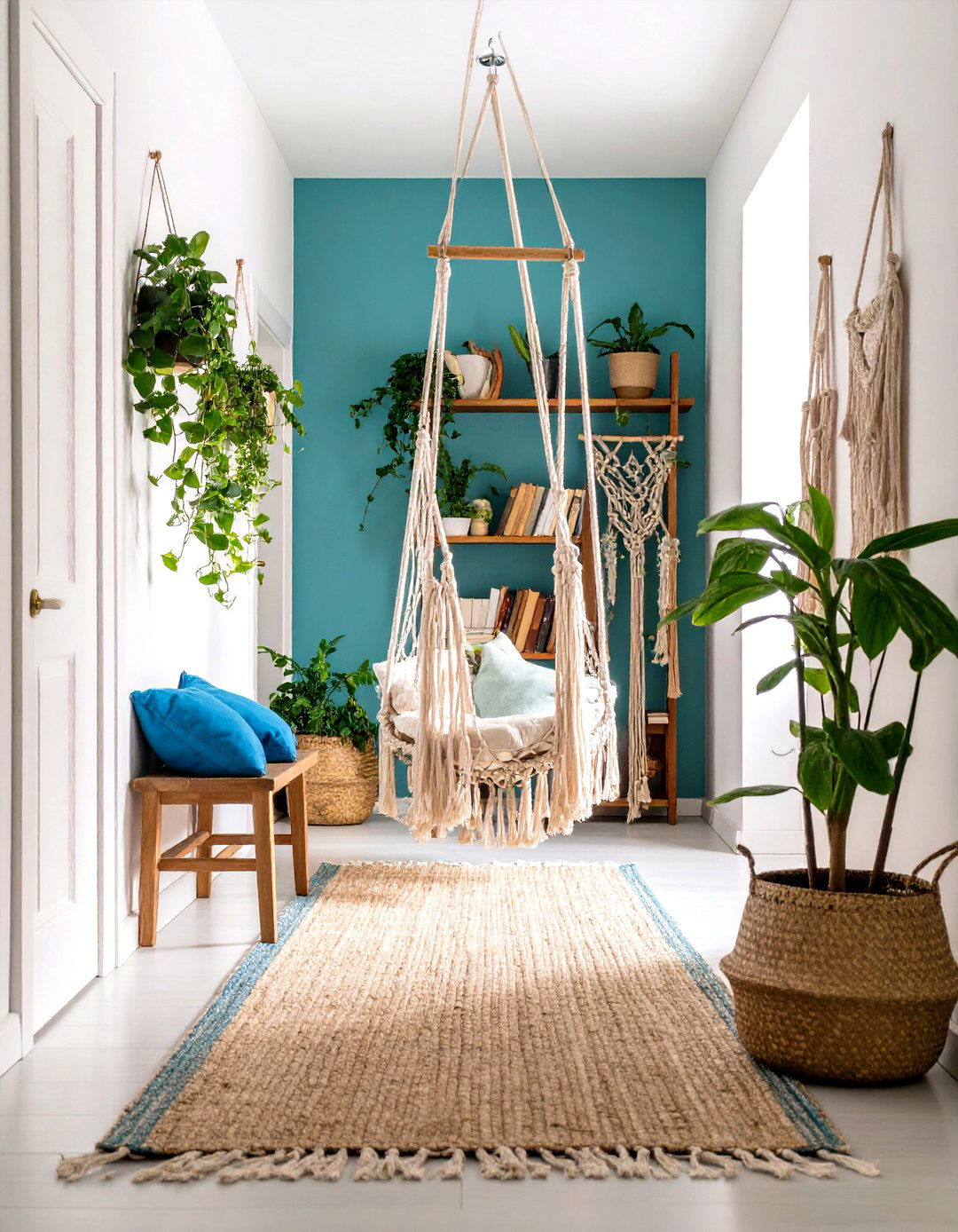 Hanging Macrame Shelf System - 24 Boho Hallway Ideas