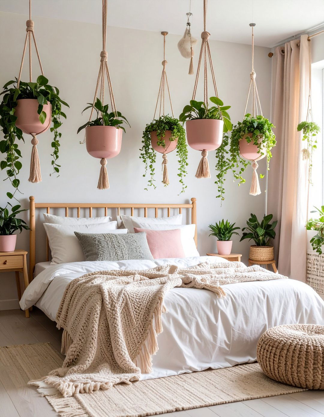 Hanging Plant Garden with Pink Ceramic Planters - 24 Pink Boho Bedroom Ideas