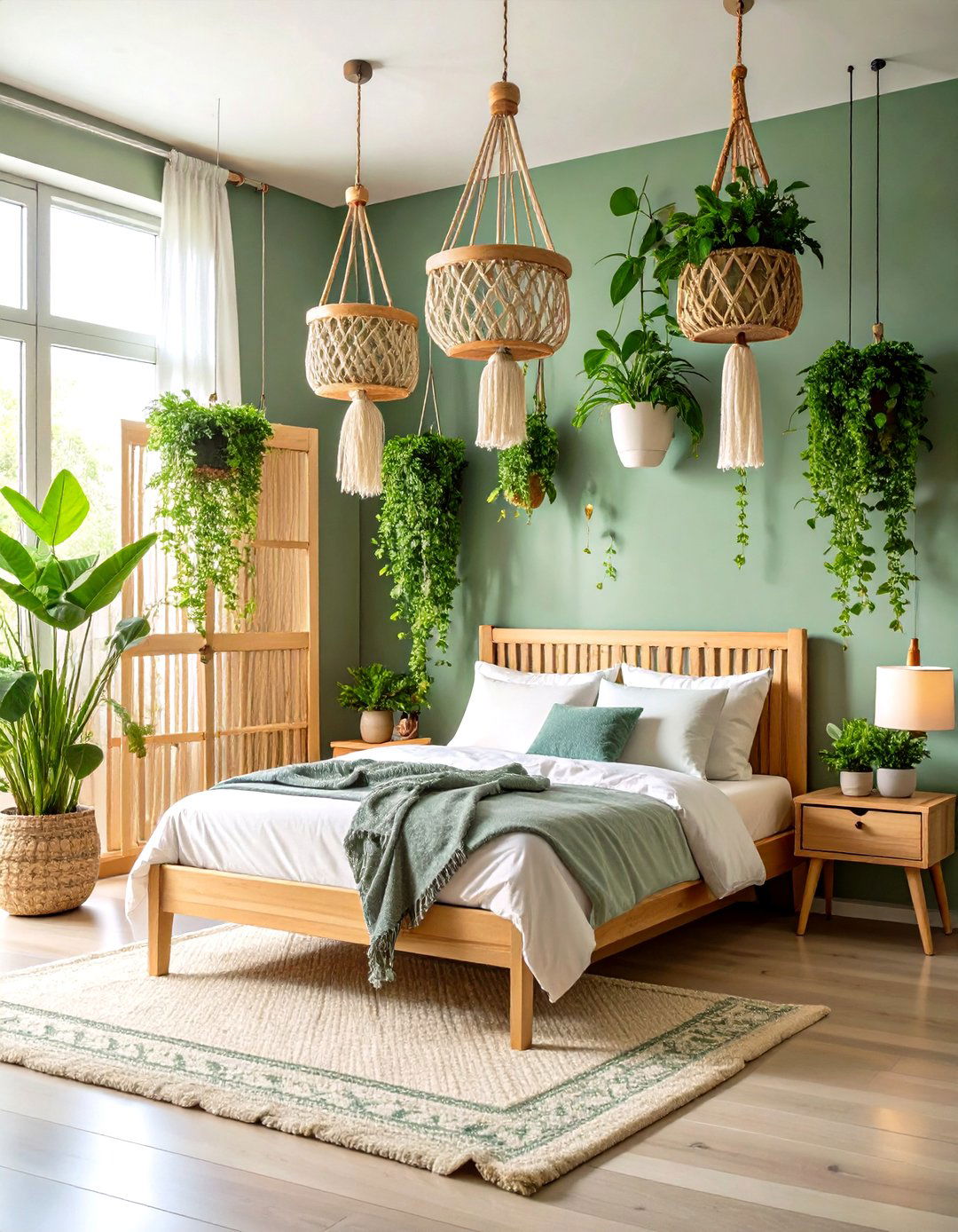 Hanging Plants Sage Green Bedroom Oasis - 24 Boho Sage Green Bedroom Ideas